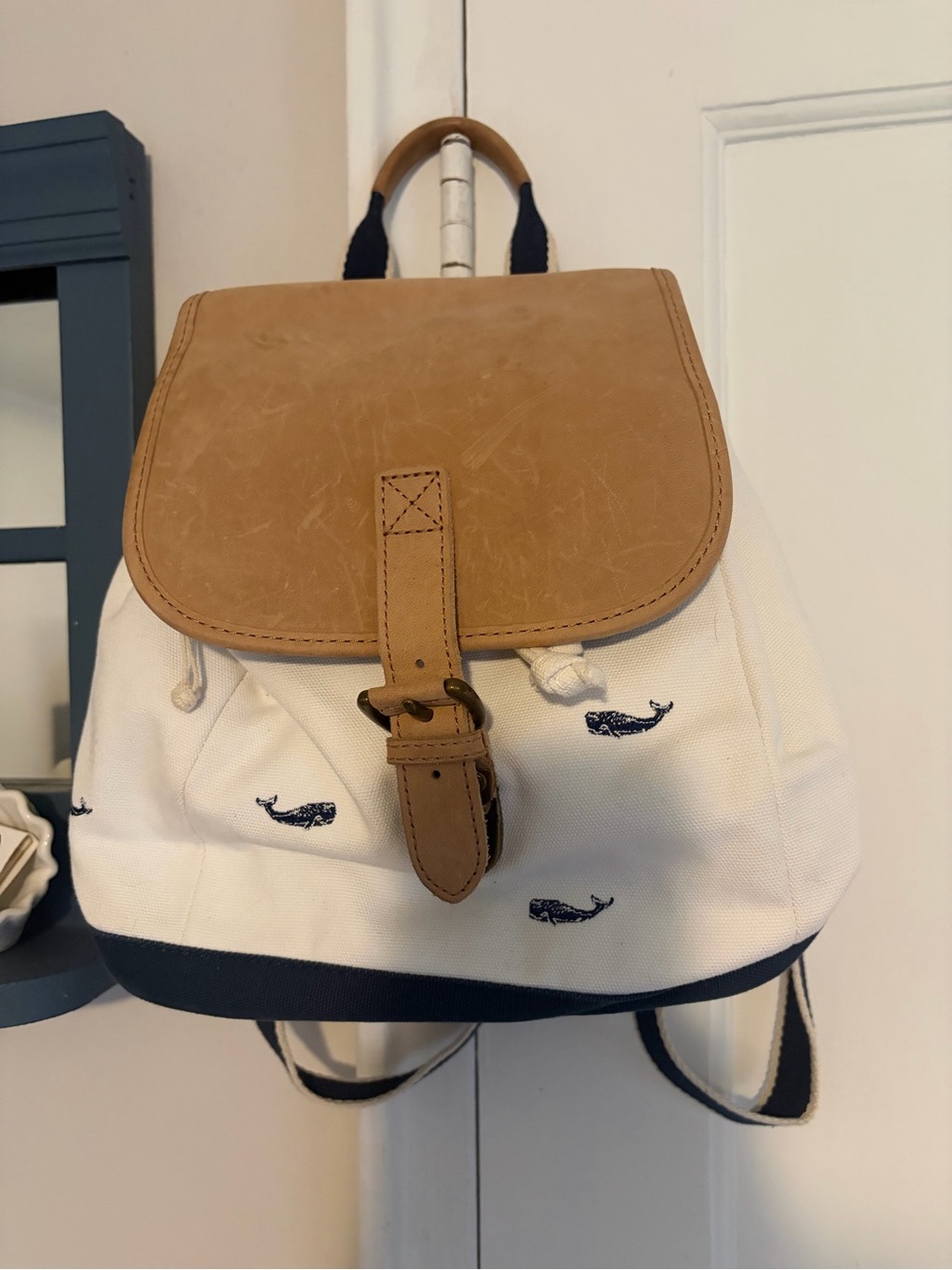 LL Bean Vintage Whale-Print Backpack with Leather Flap - Cream and Tan